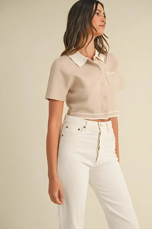 Tan Button Down Contrast Collared Knit Cardigan