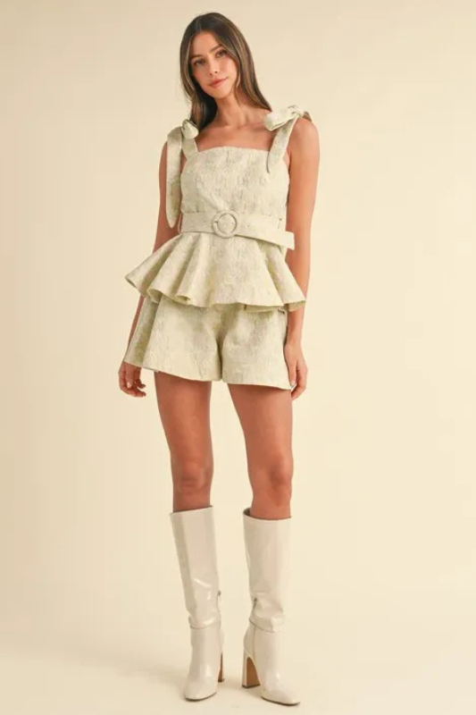 Jacquard Peplum Set – Floral Top with Belt & Flared Shorts