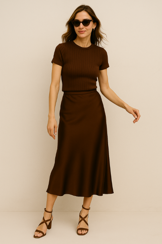 Chocolate Brown Satin High Waist Skirt