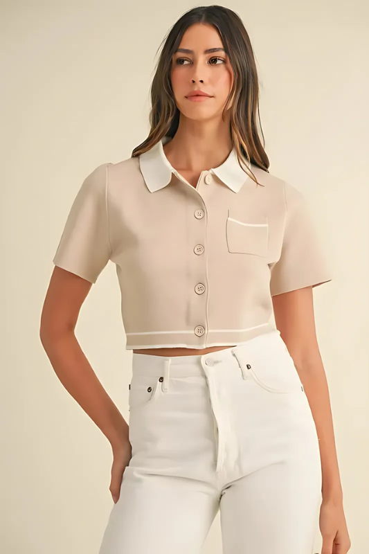 Tan Button Down Contrast Collared Knit Cardigan