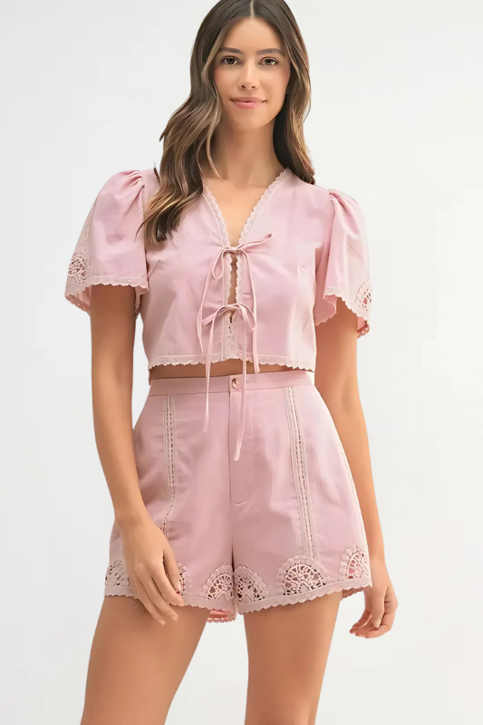 Crochet Lace Detail Crop Top and Shorts Set