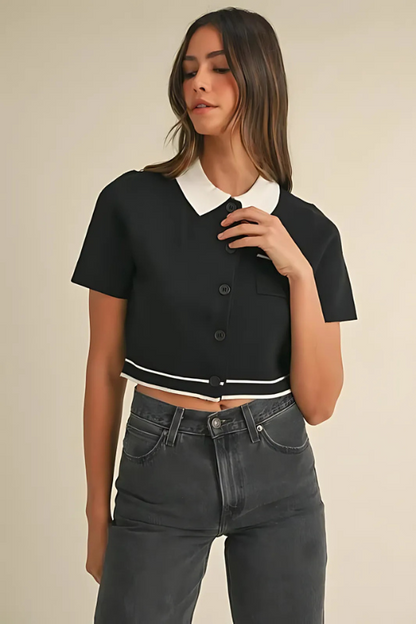 Black Button Down Contrast Collared Knit Cardigan
