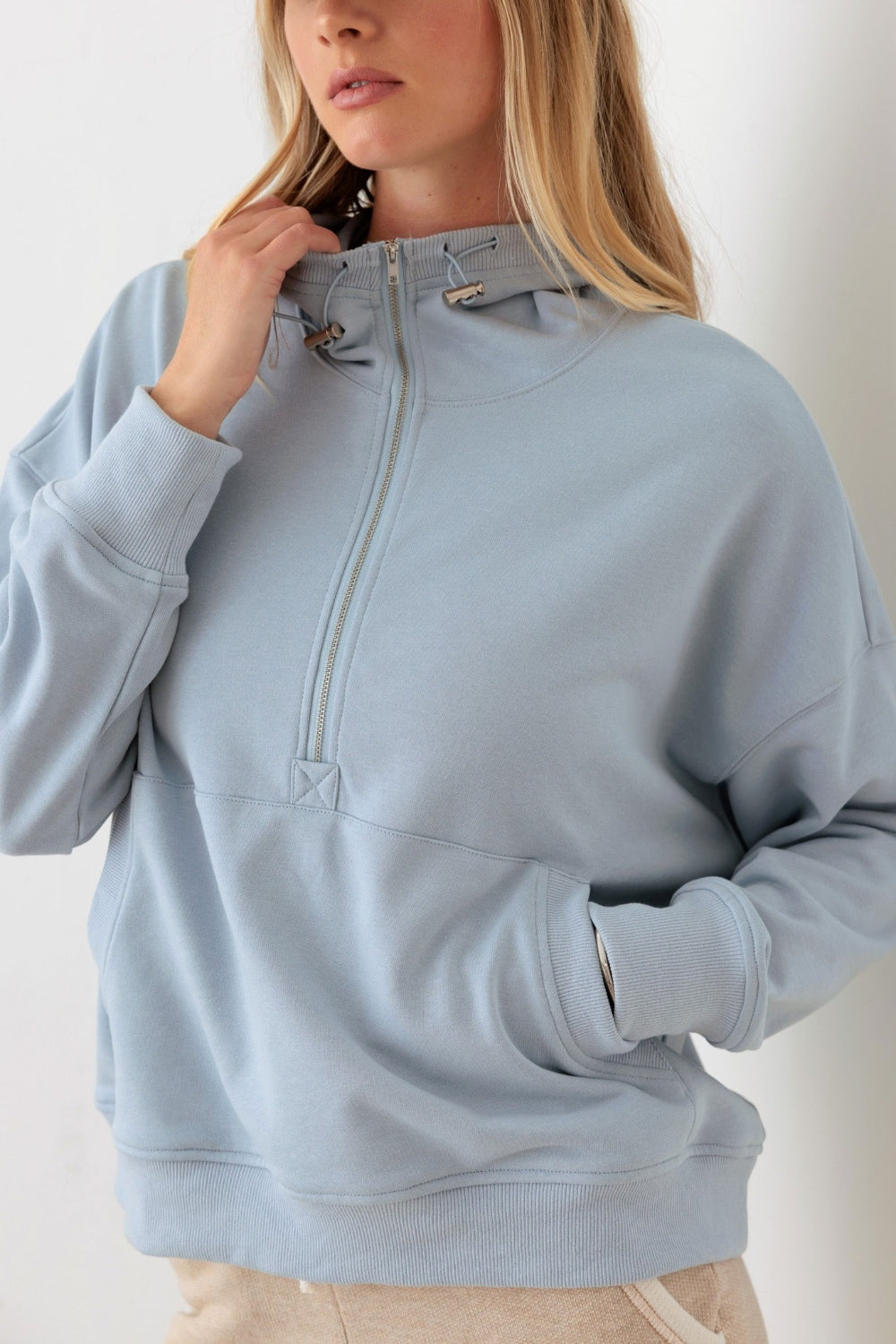 Baby Blue Half Zip Drawstring Mock Neck Hoodie