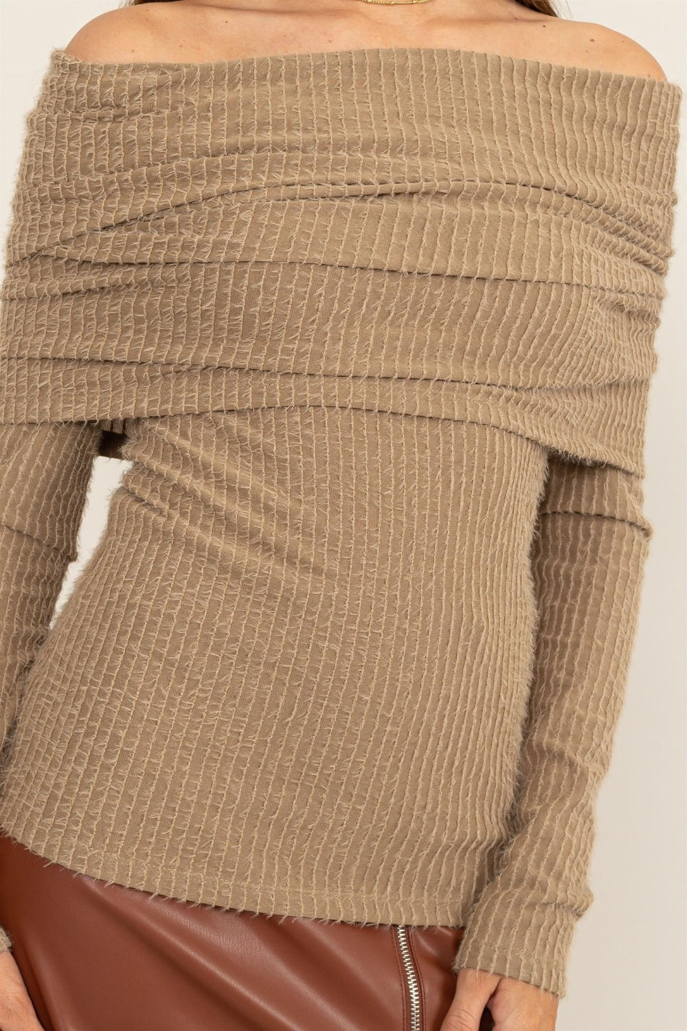 Taupe Fuzzy Off Shoulder Textured Knit Top