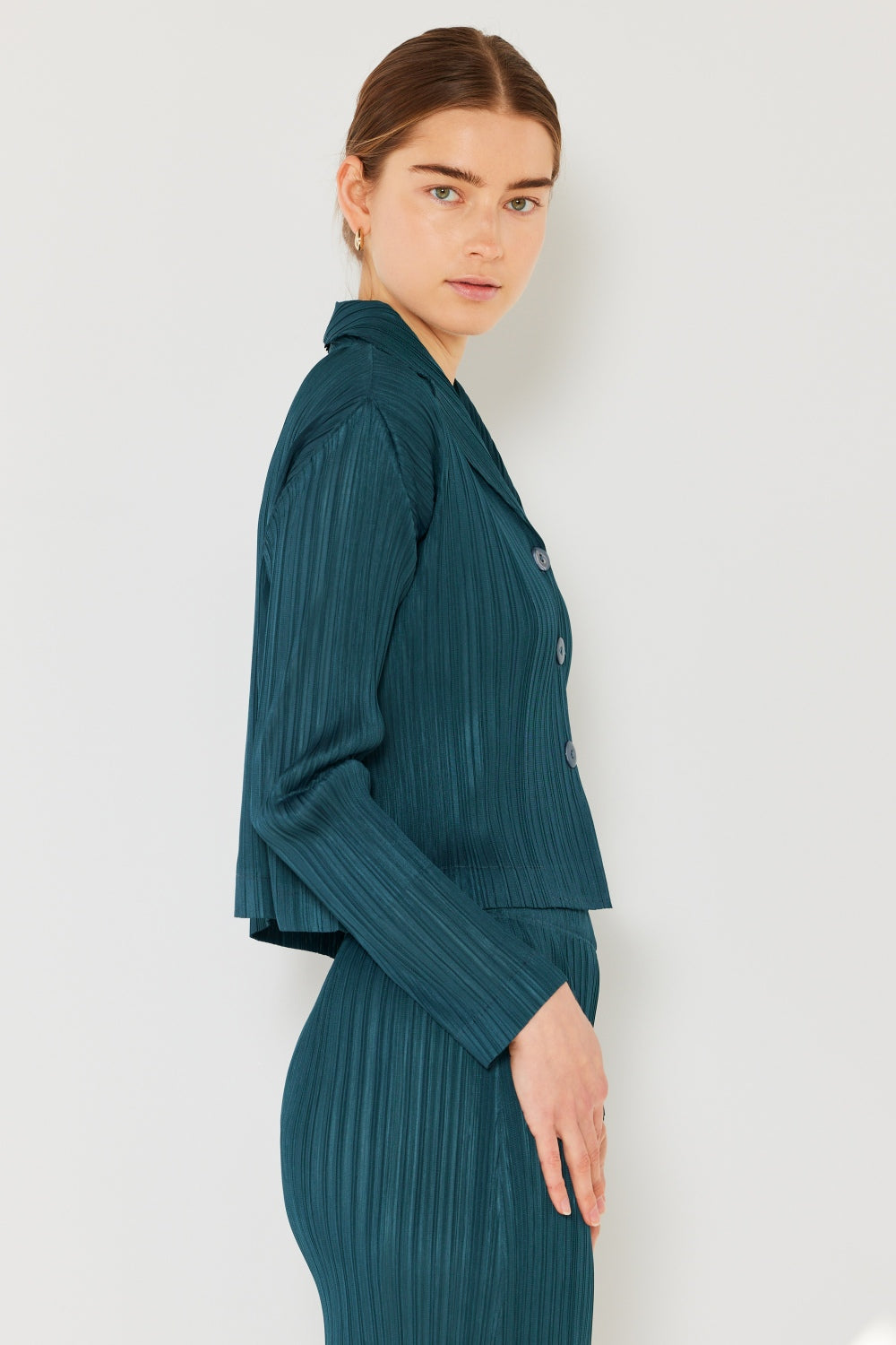 Marina West  Pleated Cropped Button Up Shirt