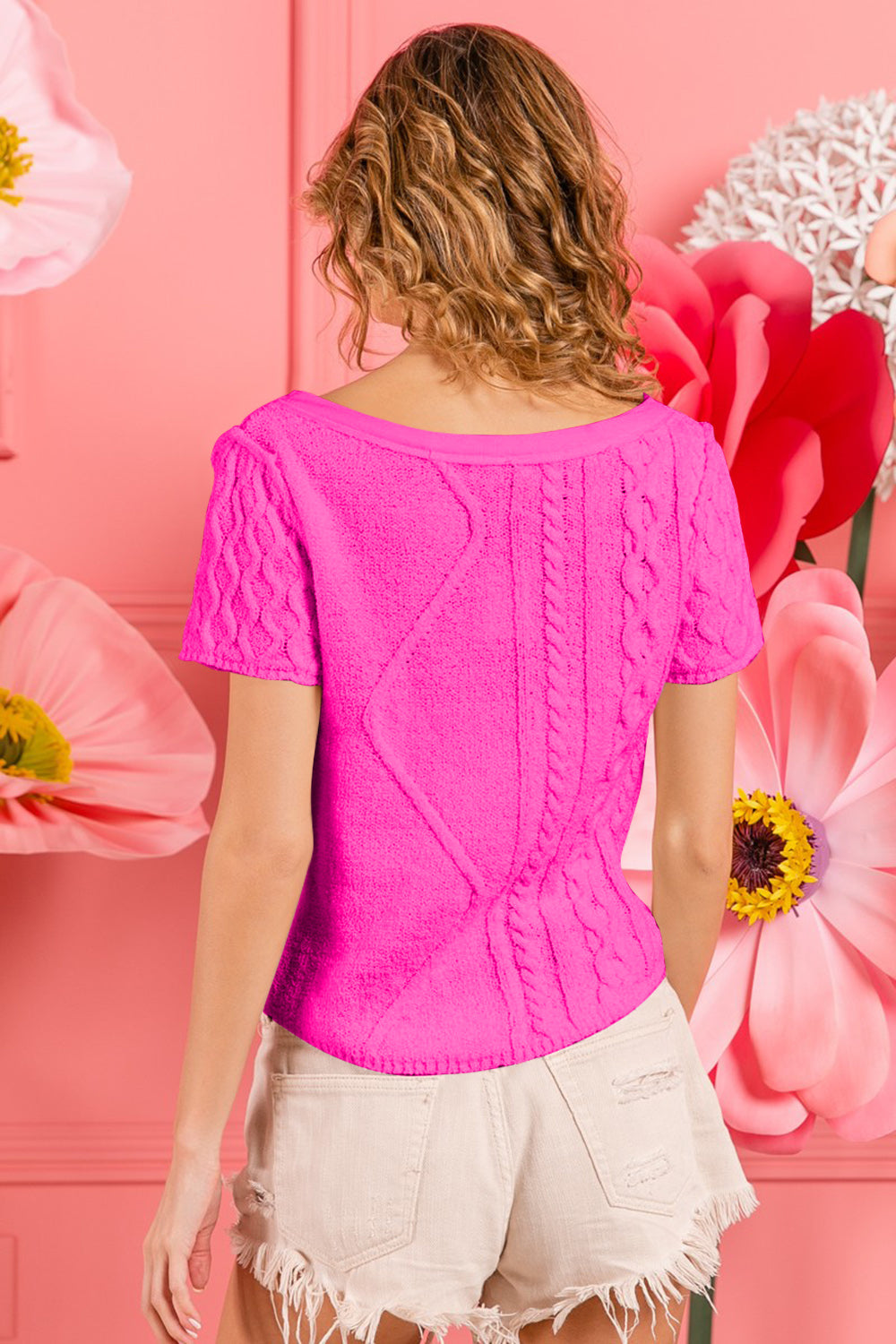 Poised and Pink Cable Knit Short Sleeve Sweater