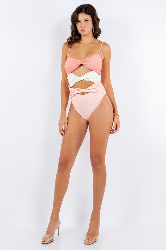 Twisted Design Tri-Front Panel One-Piece Swimsuit