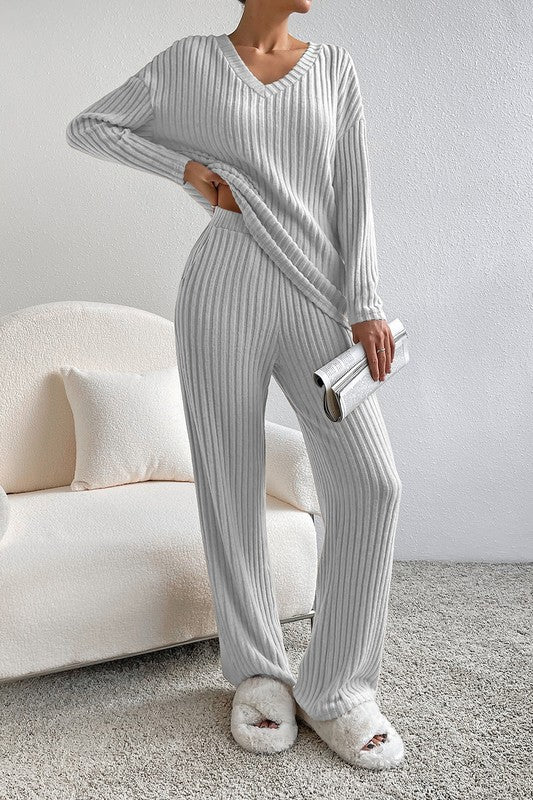 Women Ribbed Knit V Neck Slouchy Two-piece Set