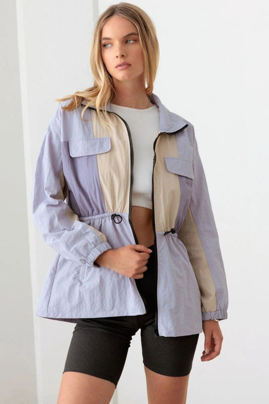 Lavender Color Block Collared Wind Breaker Jacket