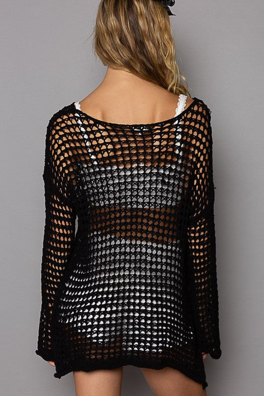 Side Slit Openwork Long Sleeve Knit Cover Up