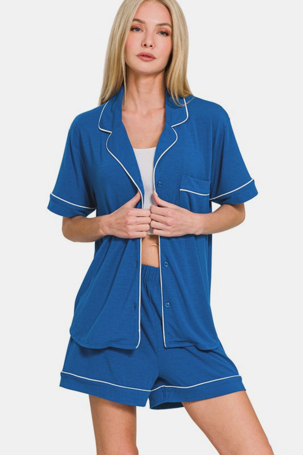 Comfy & Cozy Button Down Short Sleeve Top and Shorts Lounge Set