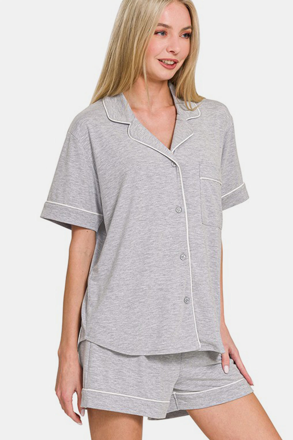 Comfy & Cozy Button Down Short Sleeve Top and Shorts Lounge Set