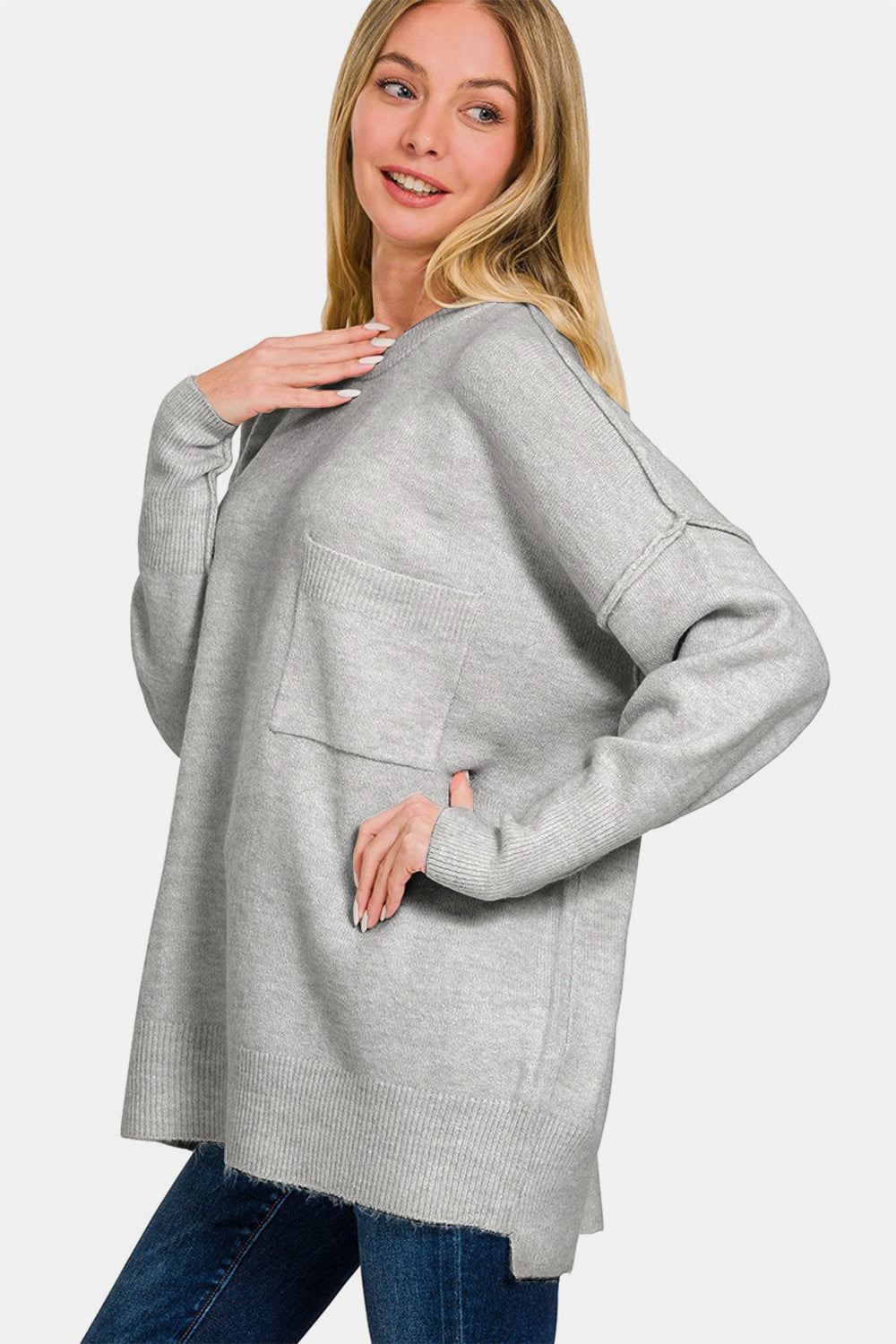 Grey High-Low Hem Drop Shoulder Sweater