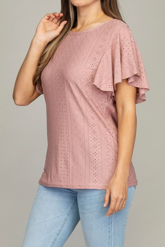 Embroidered Eyelet Top featuring Wing Sleeves