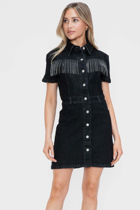 Carter Embellished Button Down Short Sleeve Denim Dress