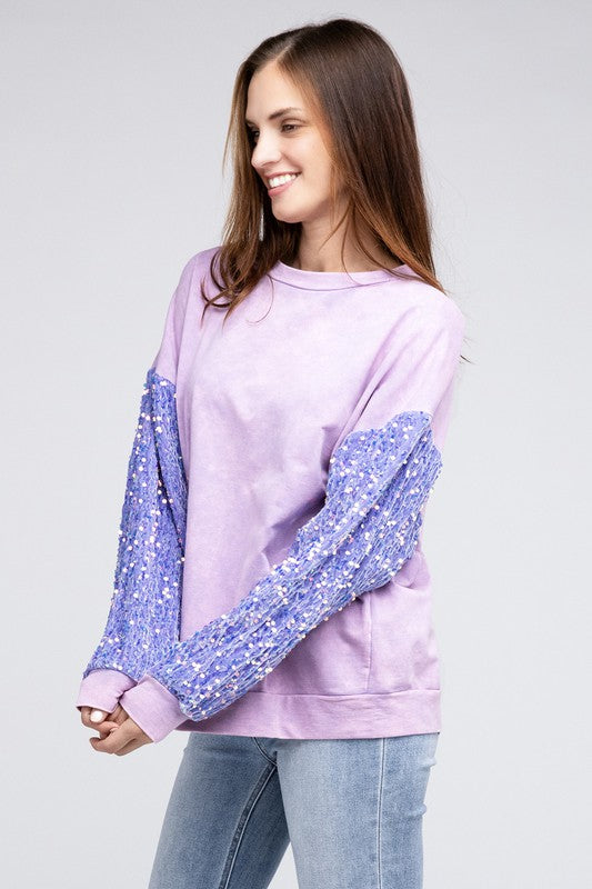 Velvet Sequin Sleeve Mineral Washed Top