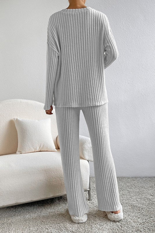 Women Ribbed Knit V Neck Slouchy Two-piece Set