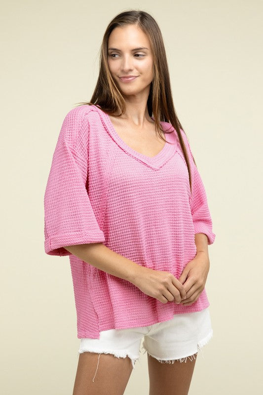 Brushed Waffle Exposed-Seam 3/4 Sleeve Top