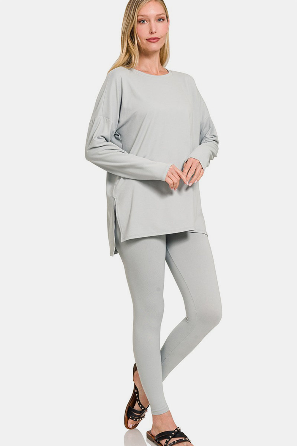 Light Grey Brushed Microfiber Top and Leggings Lounge Set