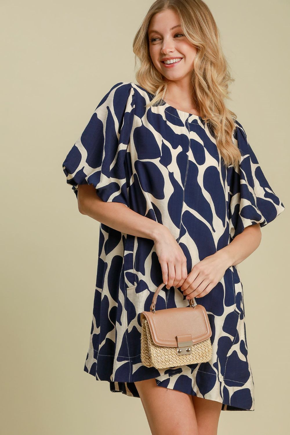 Two Tone Abstract Print Puff Sleeve Dress