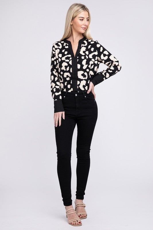 Leopard Notched Neck Blouse