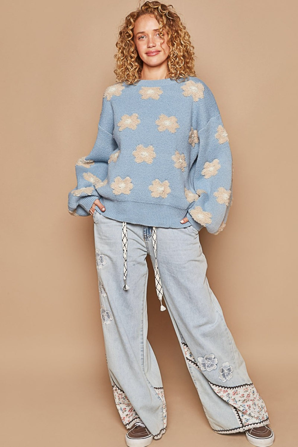 Daisy Pattern Drop Shoulder Sweater