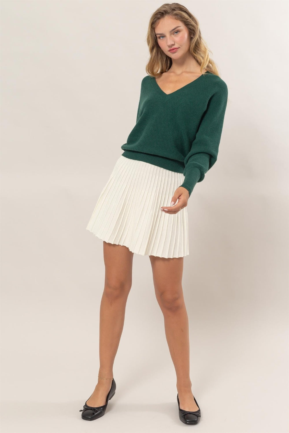 Cream High Waist Knit Pleated Flare Mini Skirt