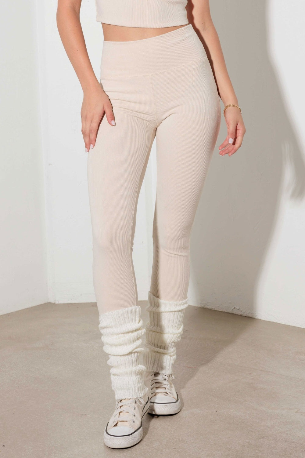 Cream Tan Ribbed Crop Cami and High Waist Brushed Leggings Set