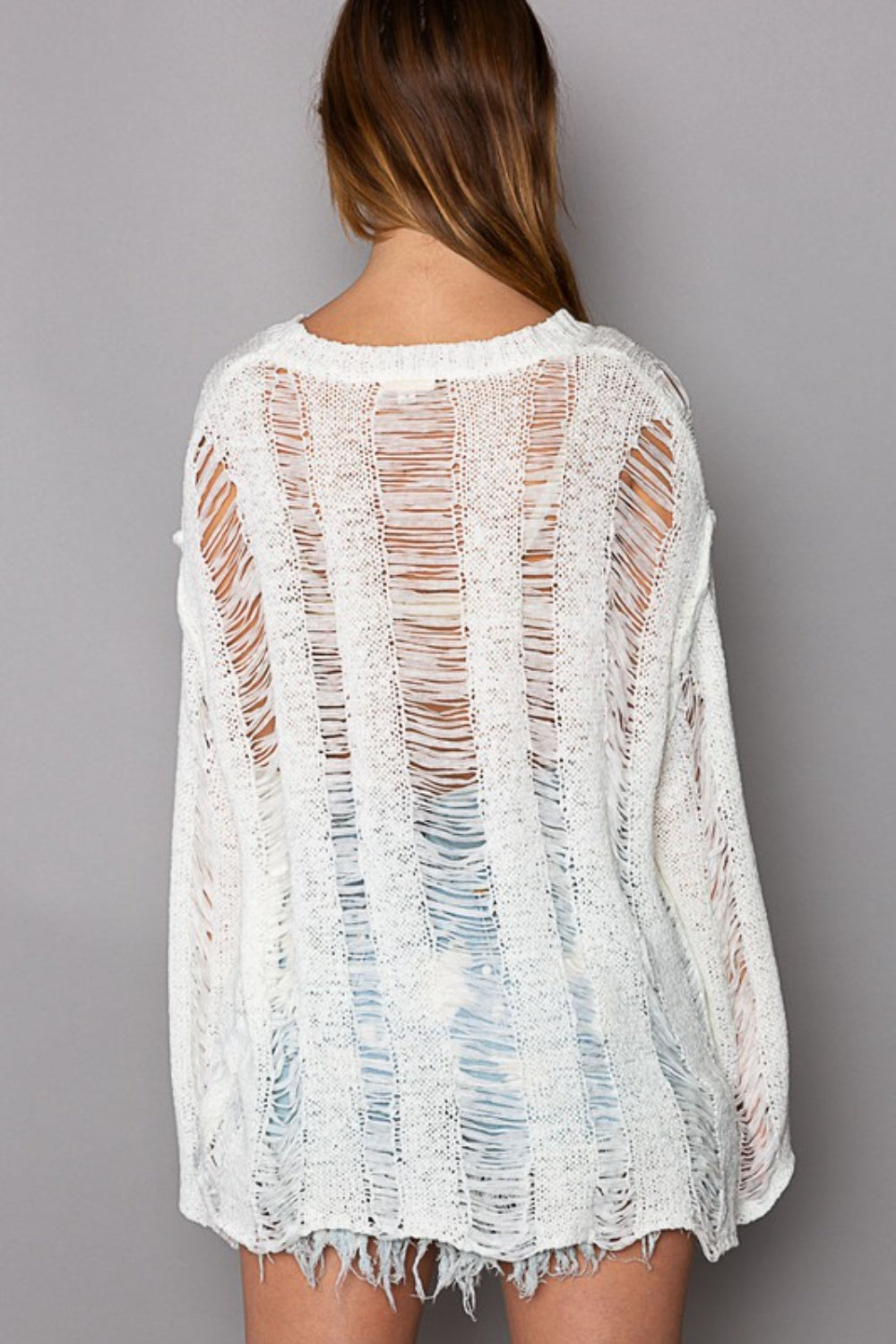 SOS Distressed Round Neck Long Sleeve Knit Cover Up