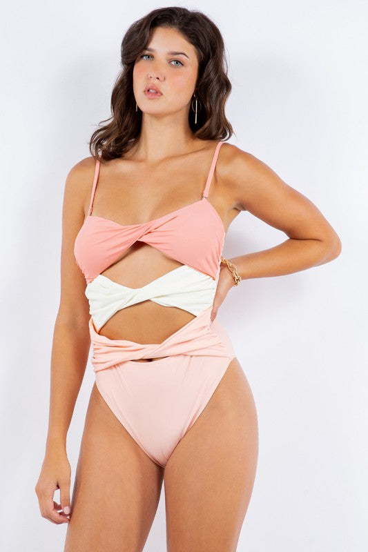 Twisted Design Tri-Front Panel One-Piece Swimsuit