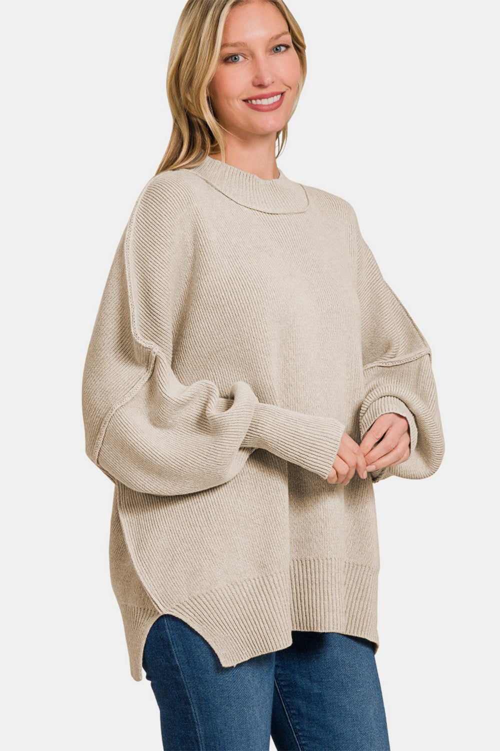 Beige Side Sit Oversize Sweater