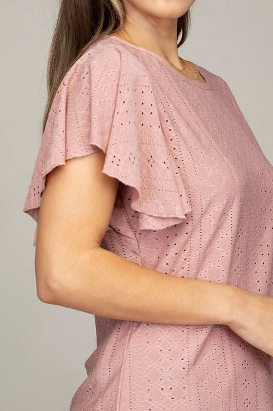 Embroidered Eyelet Top featuring Wing Sleeves