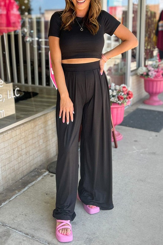 Pink Crop Top and Pleated Wide Leg Pants Set