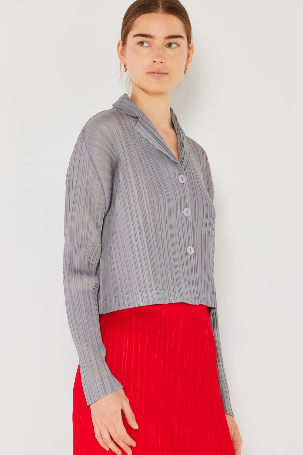 Marina West  Pleated Cropped Button Up Shirt