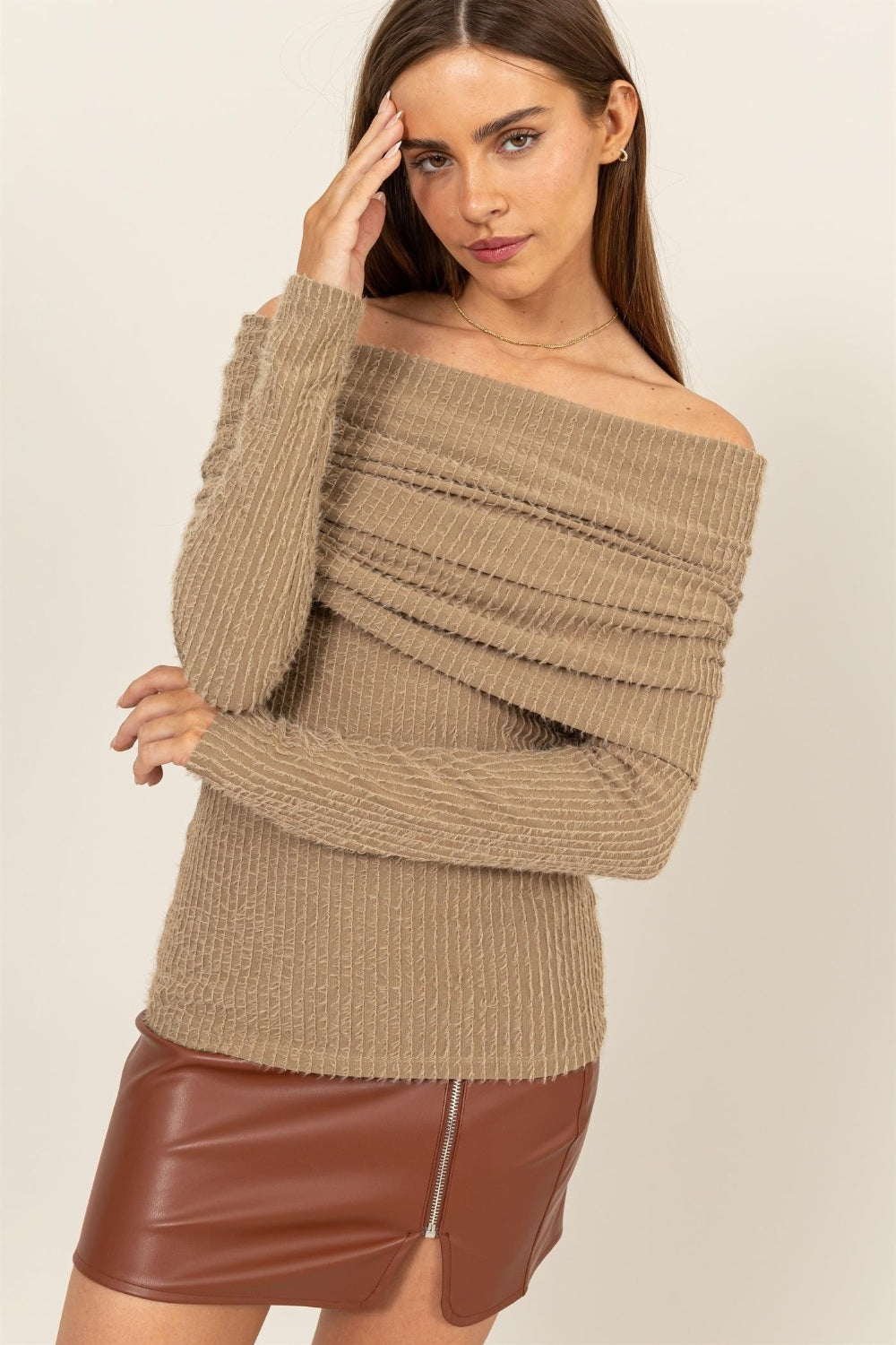 Taupe Fuzzy Off Shoulder Textured Knit Top