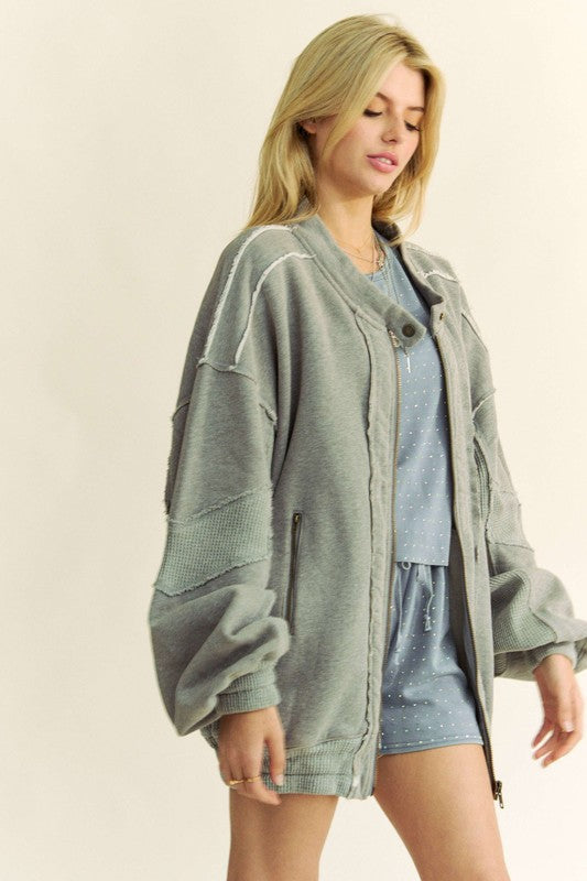 Exposed Seam Zip Up Dropped Shoulder Jacket