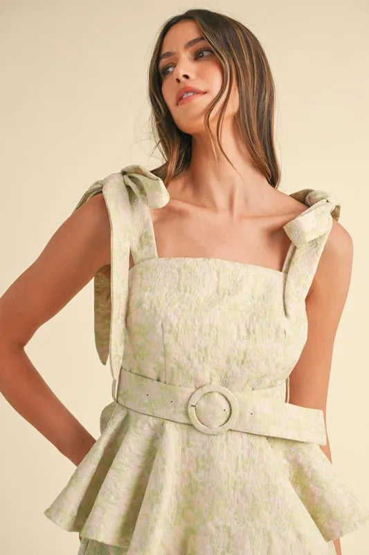 Elegant ivory floral set with flattering fit and peplum waistline

