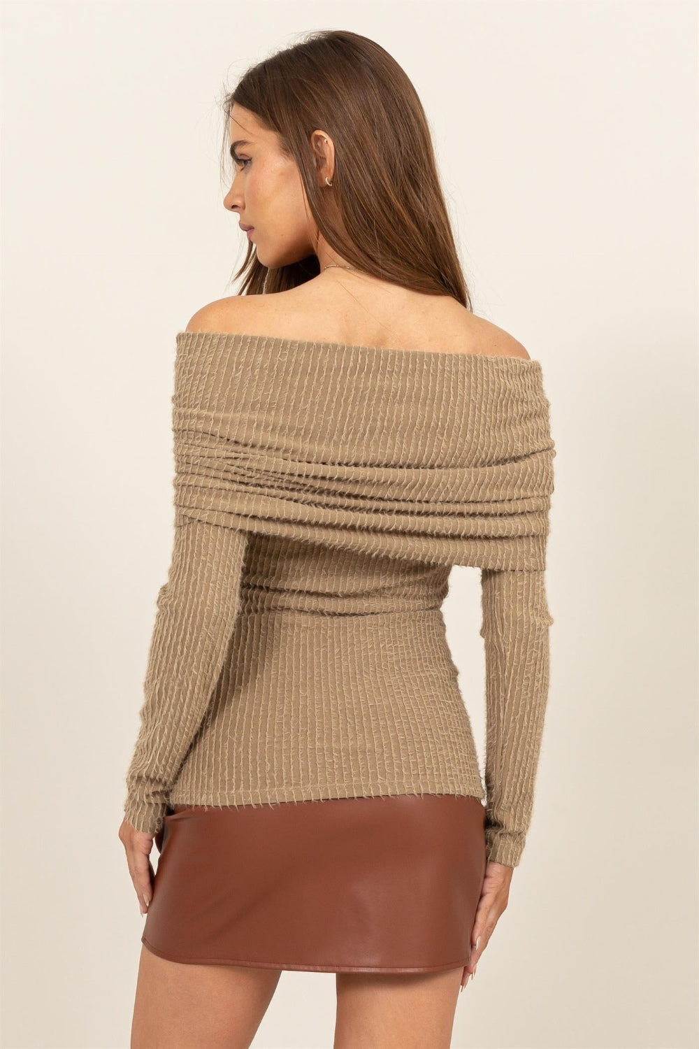 Taupe Fuzzy Off Shoulder Textured Knit Top