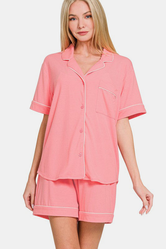 Comfy & Cozy Button Down Short Sleeve Top and Shorts Lounge Set