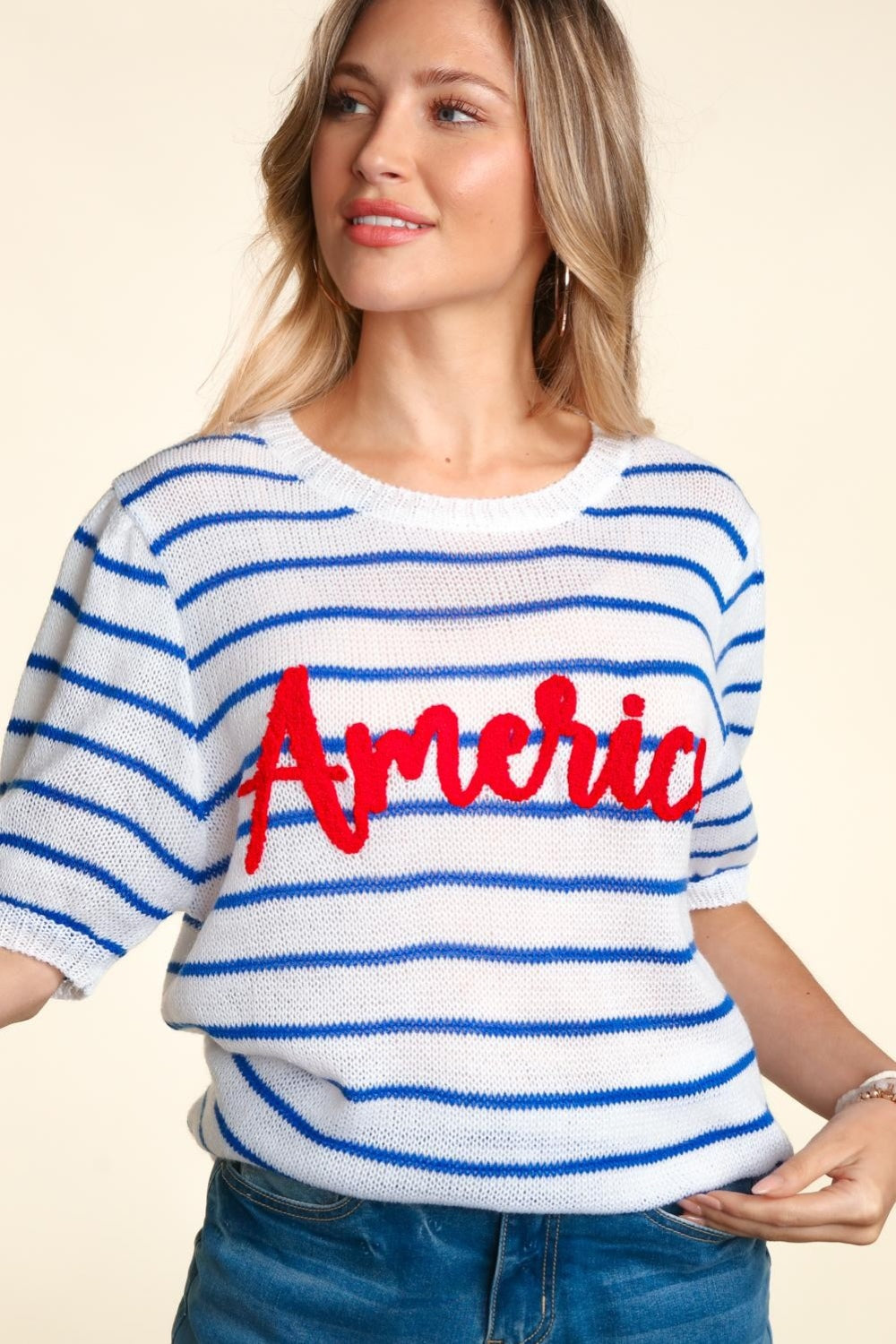 America Embroidery Striped Knit Top