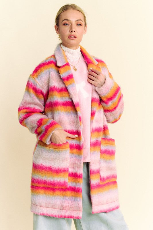 Contrast Striped Open Front Coat with Pockets