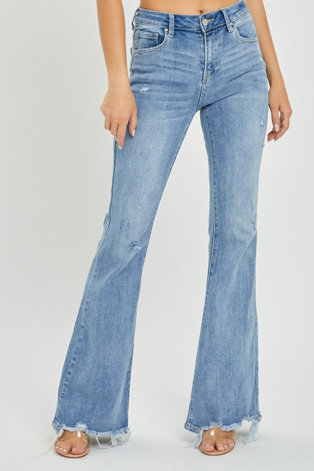 Light High Rise Frayed Hem Flare Jeans