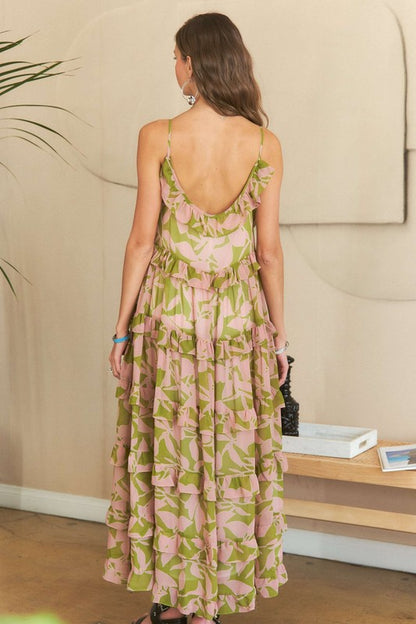 Sage & Pink Ruffled Tiered Cami Maxi Dress
