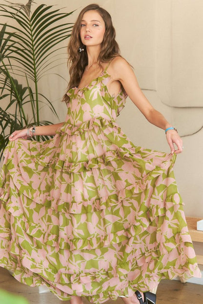 Sage & Pink Ruffled Tiered Cami Maxi Dress