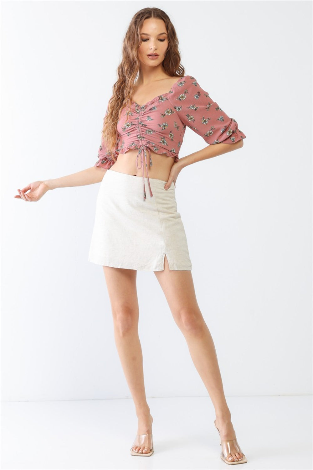 Floral Ruffle Smocked Back Ruched Crop Top